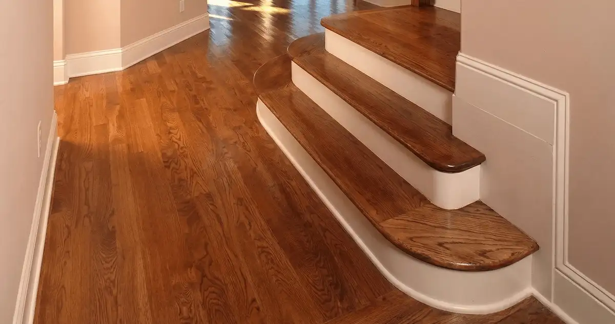 Base floor of a staircase with professionally restored wood flooring in Scottsdale AZ