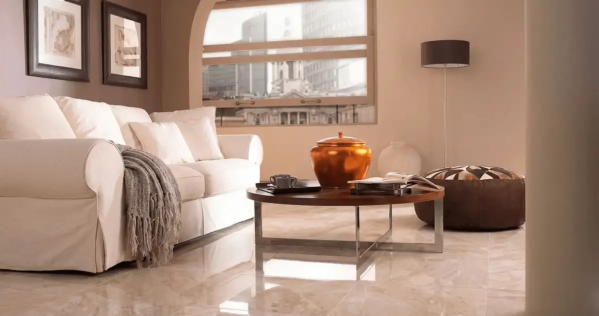 Modern living room with professionally installed marble flooring, a beige sofa, coffee table in Scottsdale, AZ