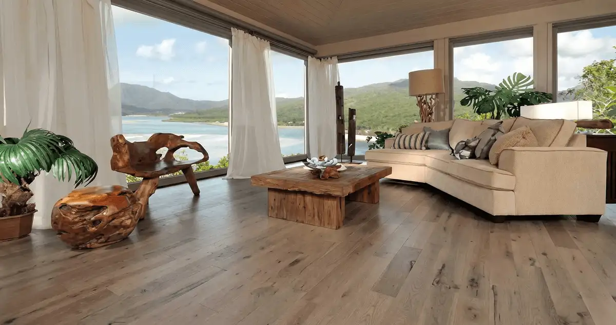 Professionally installed vinyl flooring in a modern living room with large windows in Scottsdale, AZ